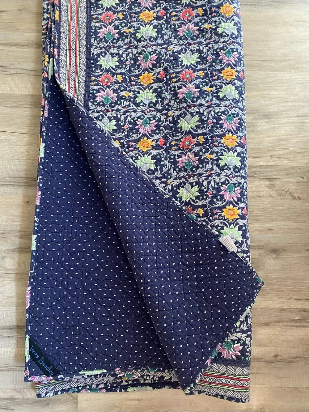 Vera Bradley Navy Floral Quilted Throw with Pink, Yellow, Green Accents